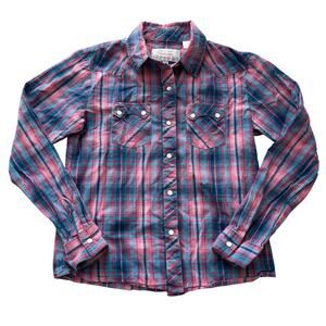 Panhandle Slim Girls Western Plaid Snap Front Shirt Pink Blue Size Large